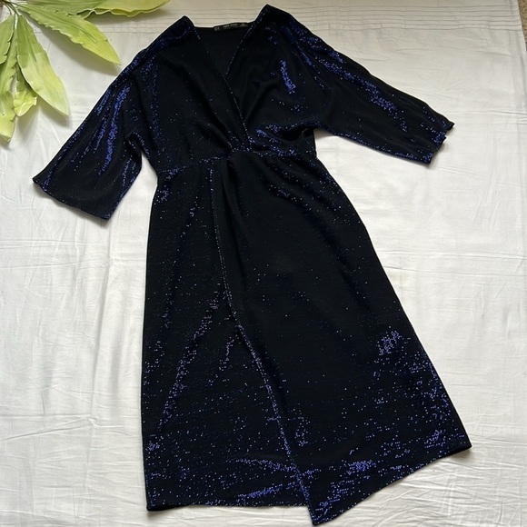 Zara Shimmery Dress Slit Front Neon Blue - Picture 5 of 10
